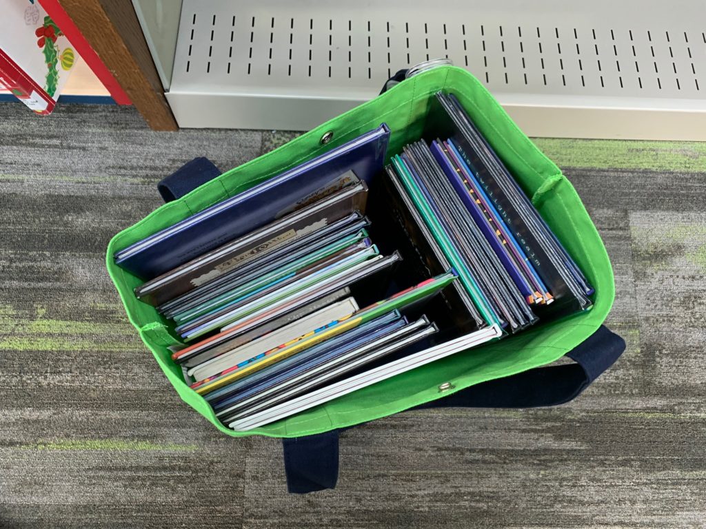 Bag with 30 children's picture books inside.